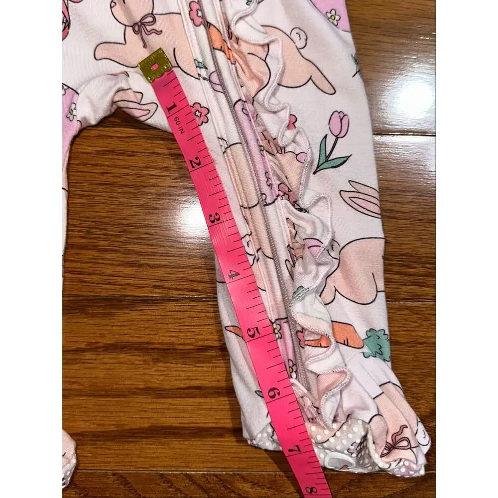 Caden Lane Hoppy Spring Easter Bunny Carrot Egg Ruffle Bamboo Zipper Footie 0-3M